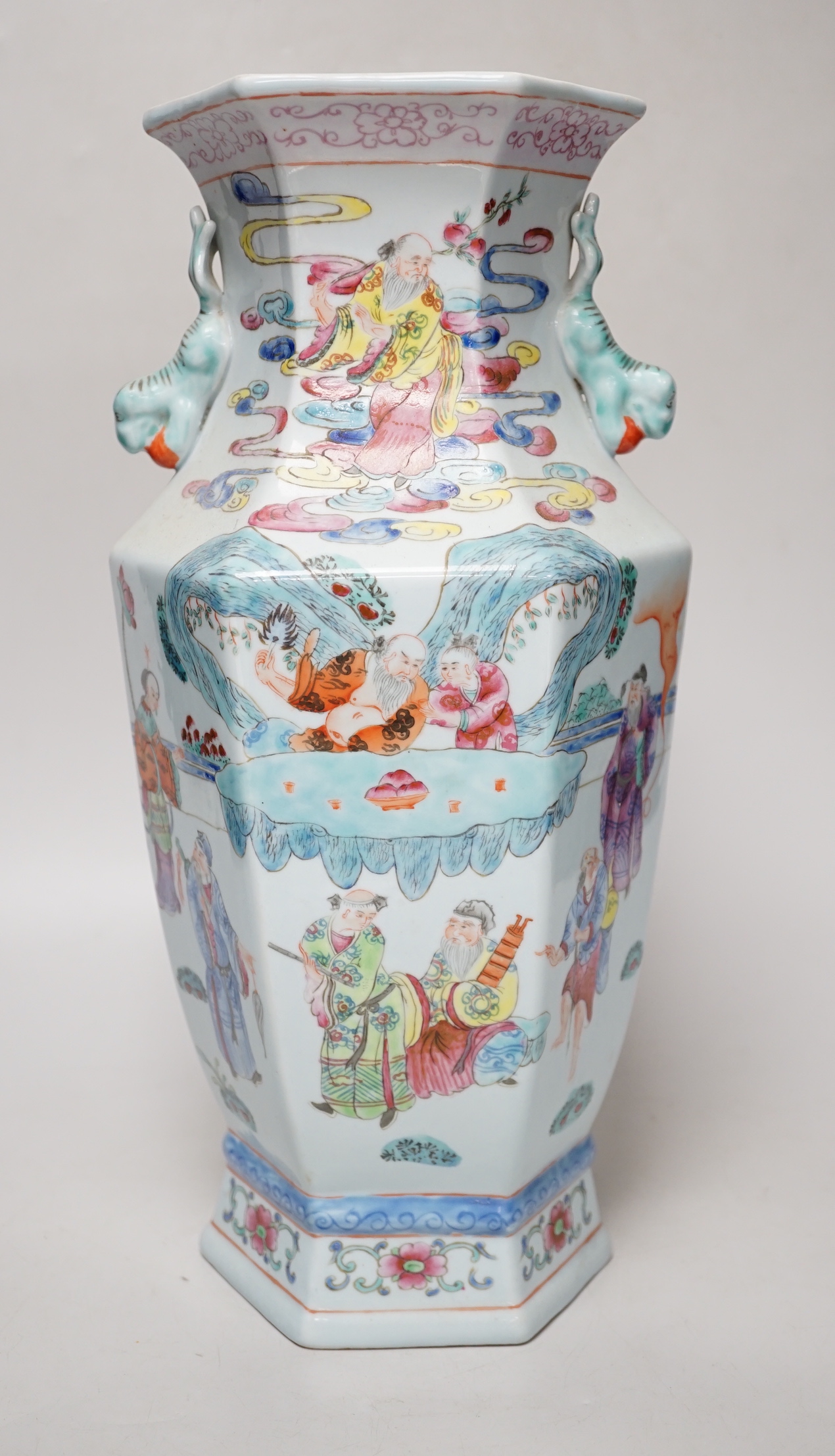 A Chinese famille rose hexagonal baluster vase, 36cm